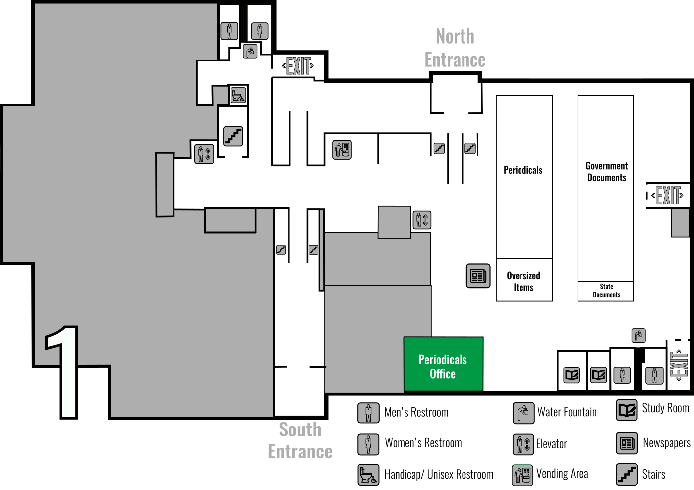 Map to the periodicals office. Floor 1.
